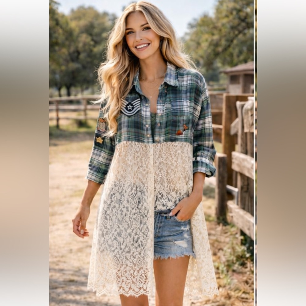 🆕 FP's TRICIA FIX EXCLUSIVE REPURPOSED VINTAGE PLAID DUSTER/LONG SHIRT W/LACE